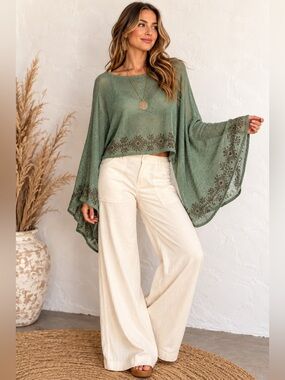 Garden Belle NWT Sage Green Boho Bell Sleeve Open Knit Cropped Sweater L/XL